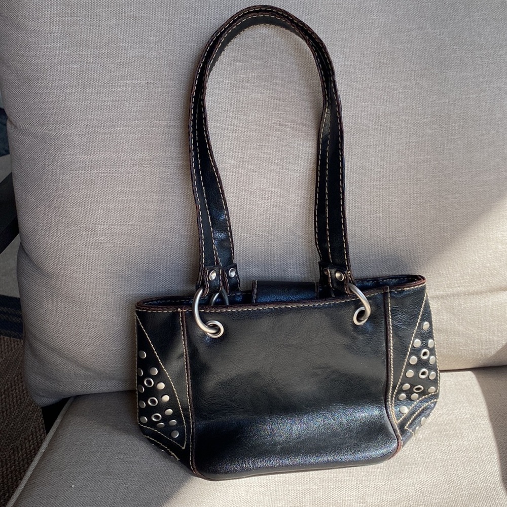 ADORABLE Small brown handbag. Fun style with metal embellishments on the side.